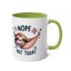 White ceramic mug with a green interior and handle, featuring a sleeping sloth in a hammock and the words "Nope Not Today".