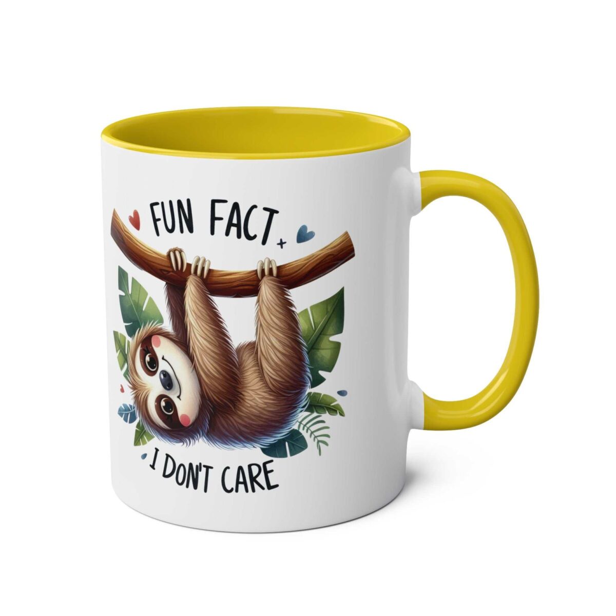 White coffee mug with a yellow interior and handle, featuring a sloth hanging from a branch with the text "FUN FACT" and "I DON'T CARE."