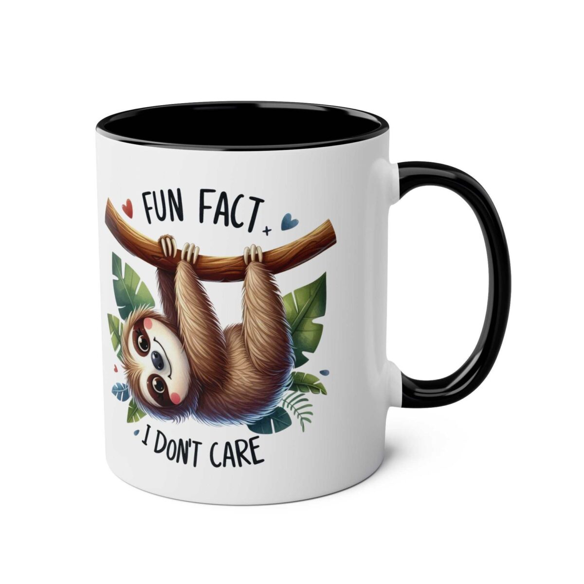 Cute sloth hanging from a branch with leaves and text "Fun Fact I Don't Care", on a white mug with a black handle and rim.