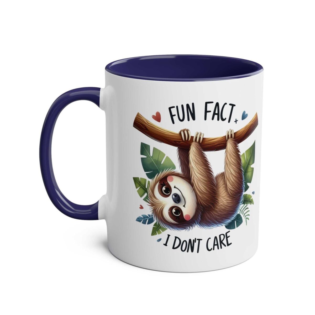 White ceramic mug with blue handle and interior, featuring a cute sloth hanging from a branch with leaves and text.