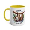 White ceramic mug with a yellow handle and interior, featuring a cartoon sloth hanging from a branch with text "FUN FACT" and "I DON'T CARE".