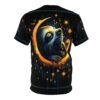 Black background with a sleeping sloth on a crescent moon, surrounded by golden stars and blue light streaks.