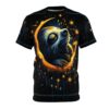 A starry night sky with glowing celestial bodies and a golden crescent moon surround a sleeping sloth on this graphic t-shirt.