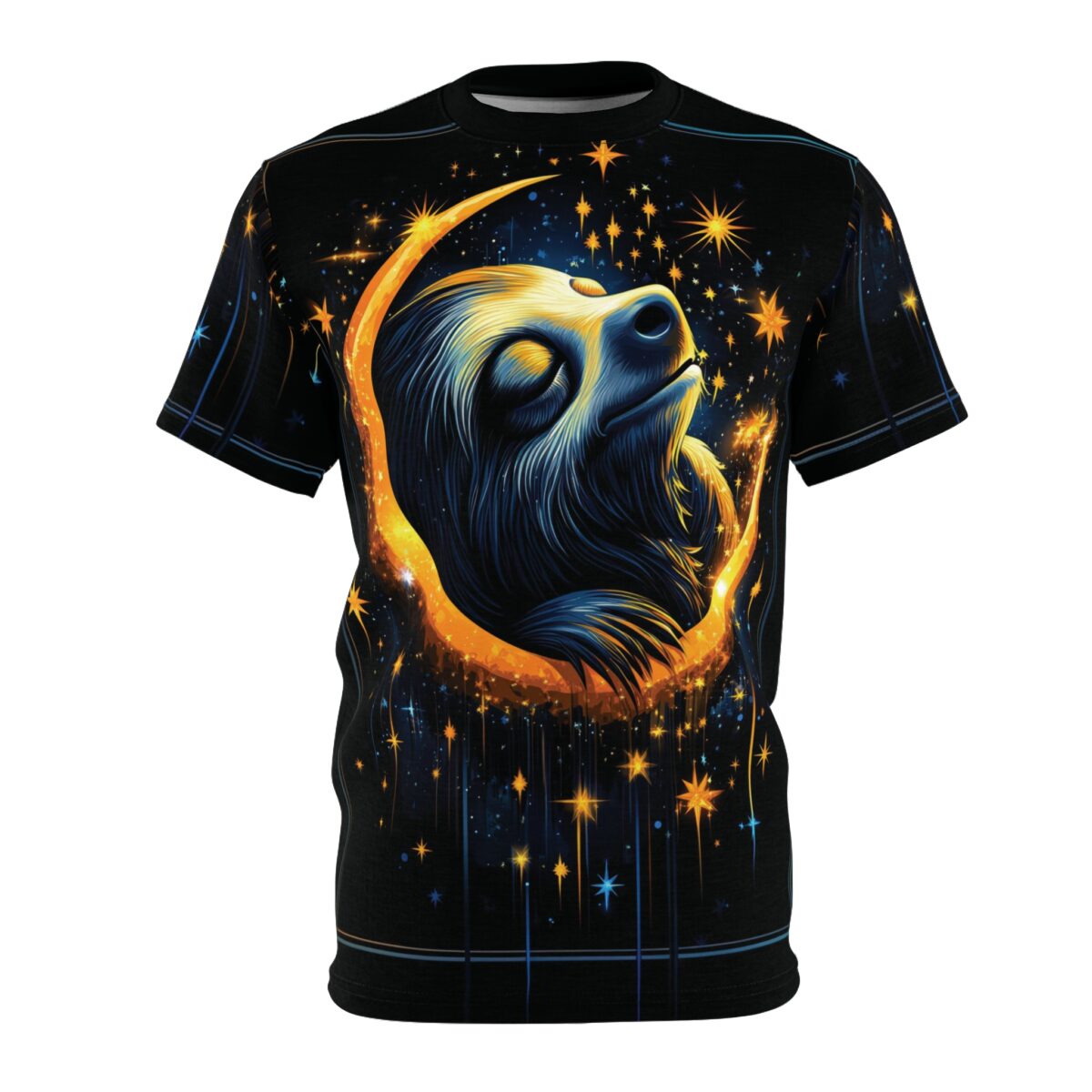 A starry night sky with glowing celestial bodies and a golden crescent moon surround a sleeping sloth on this graphic t-shirt.