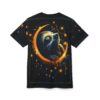 Orange crescent moon and starry night patterns cover this 3D graphic t-shirt, featuring a sloth's head looking up.