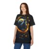 Vibrant blues, golds, and oranges cover this 3D graphic t-shirt, showcasing a sloth's face within a starry crescent moon.
