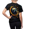 All over print sublimation tee featuring a celestial sloth graphic with crescent moon and starry night design.