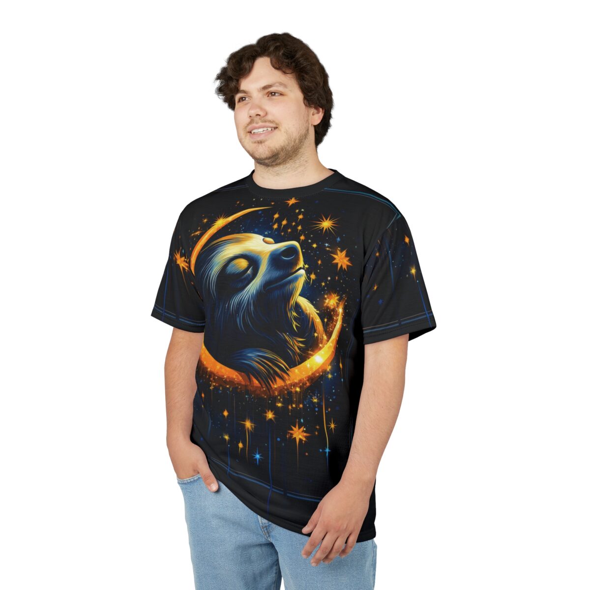 Black and blue starry night patterns with a golden moon and a sloth cover this sublimation graphic tee.