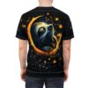 Black with a golden crescent moon cradling a sloth, surrounded by glowing stars in blue and orange.