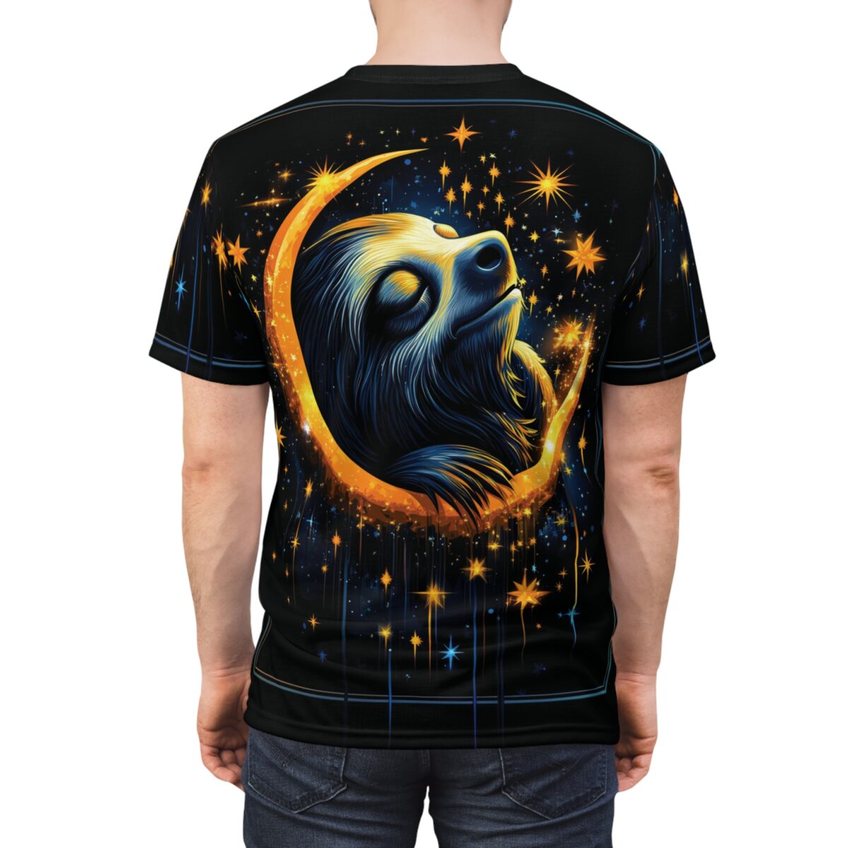 Black with a golden crescent moon cradling a sloth, surrounded by glowing stars in blue and orange.