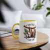 A white ceramic mug with a yellow interior and handle, featuring a playful sloth graphic and the text "FUN FACT, I DON'T CARE".