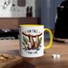 White mug with a yellow handle, featuring a cute sloth illustration and the text "FUN FACT" and "I DON'T CARE".