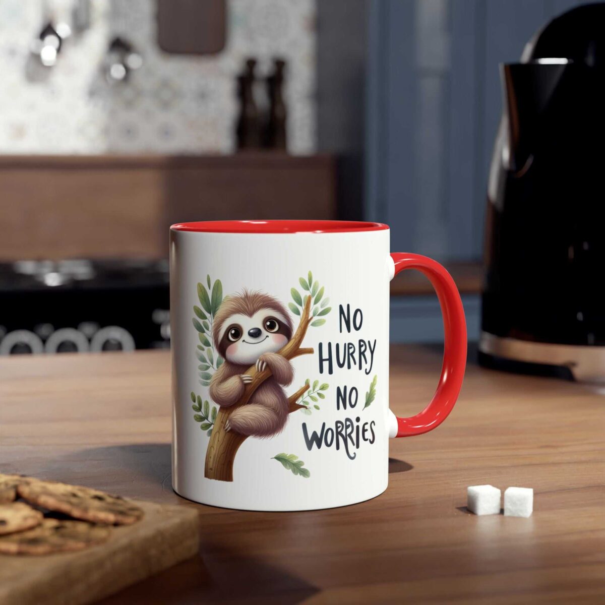 White ceramic mug with a red rim and handle, featuring a cute sloth illustration and the text "No Hurry No Worries".