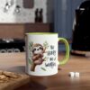 White ceramic mug with a lime green interior and handle, featuring a cute sloth illustration and the text "No Hurry No Worries."