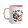 White ceramic mug with a pink handle and interior, featuring a cute sloth in a hammock with "NOPE NOT TODAY" text.