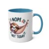 White ceramic mug with a blue interior and handle. Features a cute sloth in a hammock with "Nope Not Today" text.