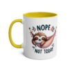 White ceramic mug with a yellow handle and interior. Features a cute sloth hanging in a pink hammock with the text "NOPE NOT TODAY".