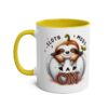 White ceramic mug with yellow interior and handle, featuring a cute sloth in a pumpkin and the text "SLOTH. MODE. ON."