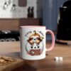 White mug with a pink handle, featuring a cute sloth in a pumpkin saying "Sloth Mode On".
