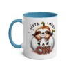 White coffee mug with a blue handle and interior, featuring a cute sloth in a pumpkin with the words "Sloth Mode On."