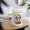 White ceramic mug with yellow handle and rim, featuring a cute sloth peeking out of a pumpkin with "Sloth Mode On" text.