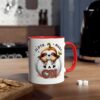 White coffee mug with red handle and rim, featuring a cute sloth inside a white pumpkin with "Sloth Mode ON" text.
