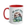 White ceramic mug with a red interior and handle, featuring a sleeping sloth on a turtle with "NO NOT TODAY" text.