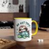 White ceramic mug with a yellow handle, featuring a cute illustration of a sleeping sloth hugging a turtle.