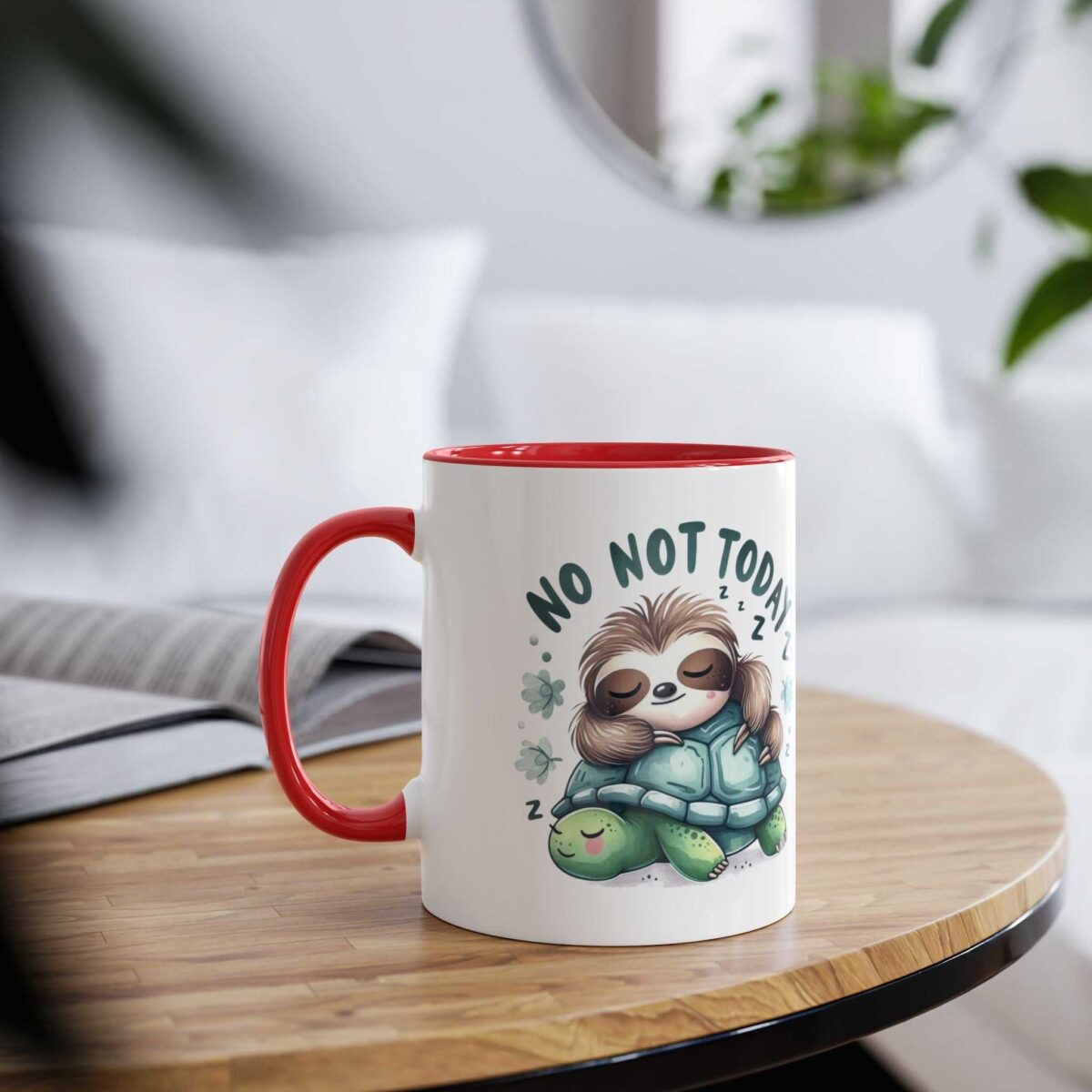 White mug with red handle and rim, featuring a cute sloth sleeping on a turtle.