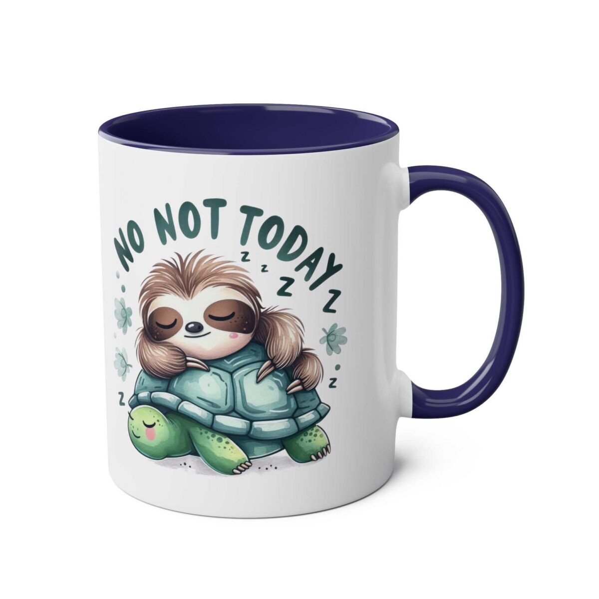 White ceramic mug with a dark blue handle and interior, featuring a sleeping sloth on a turtle.