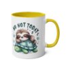White mug with a yellow handle and interior, featuring a cute sloth sleeping on a turtle with "NO NOT TODAY" text.