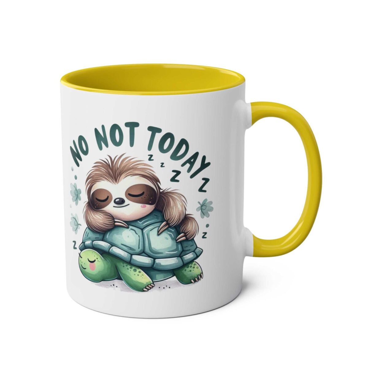 White mug with a yellow handle and interior, featuring a cute sloth sleeping on a turtle with "NO NOT TODAY" text.