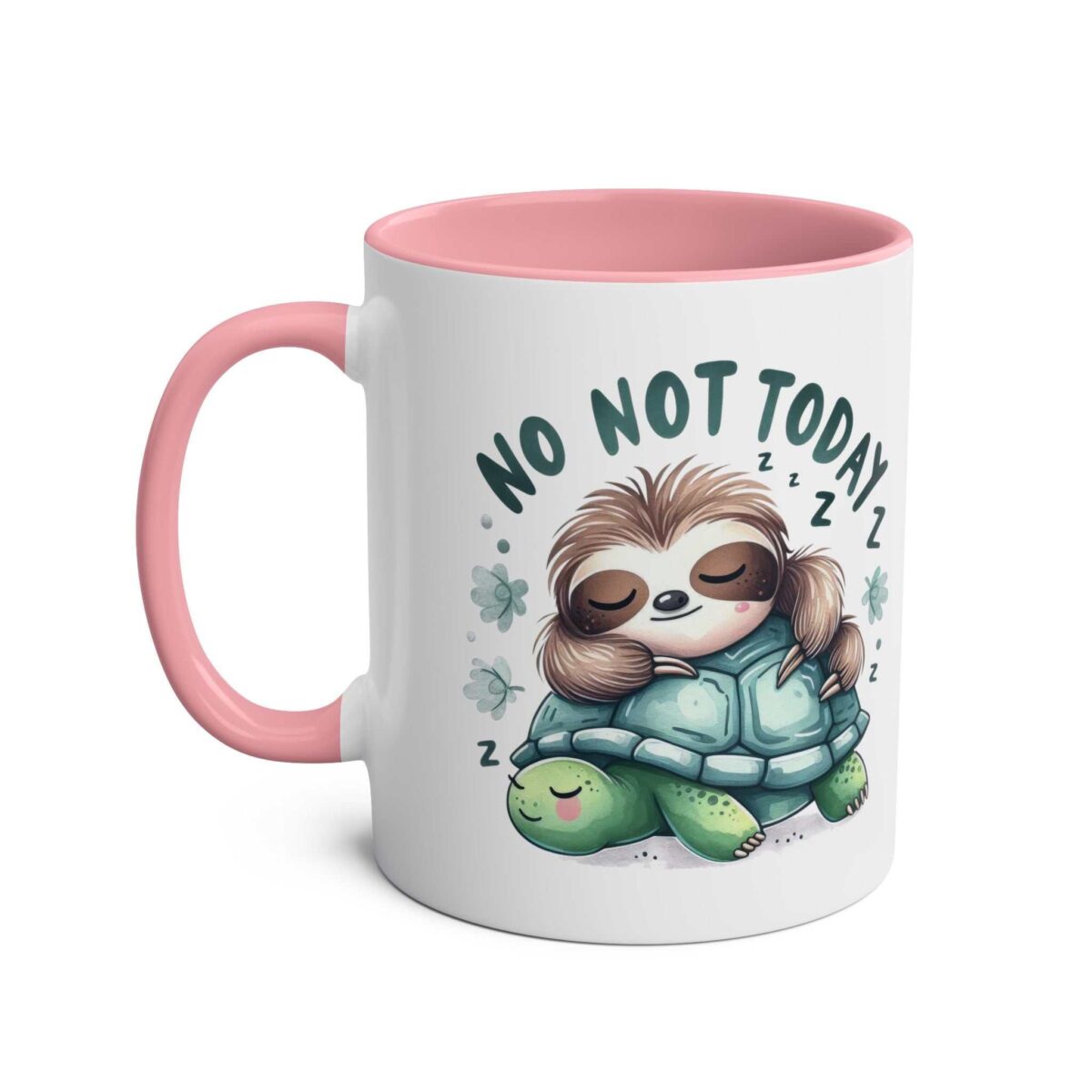White ceramic mug with pink handle and interior, featuring a sleeping sloth on a turtle.