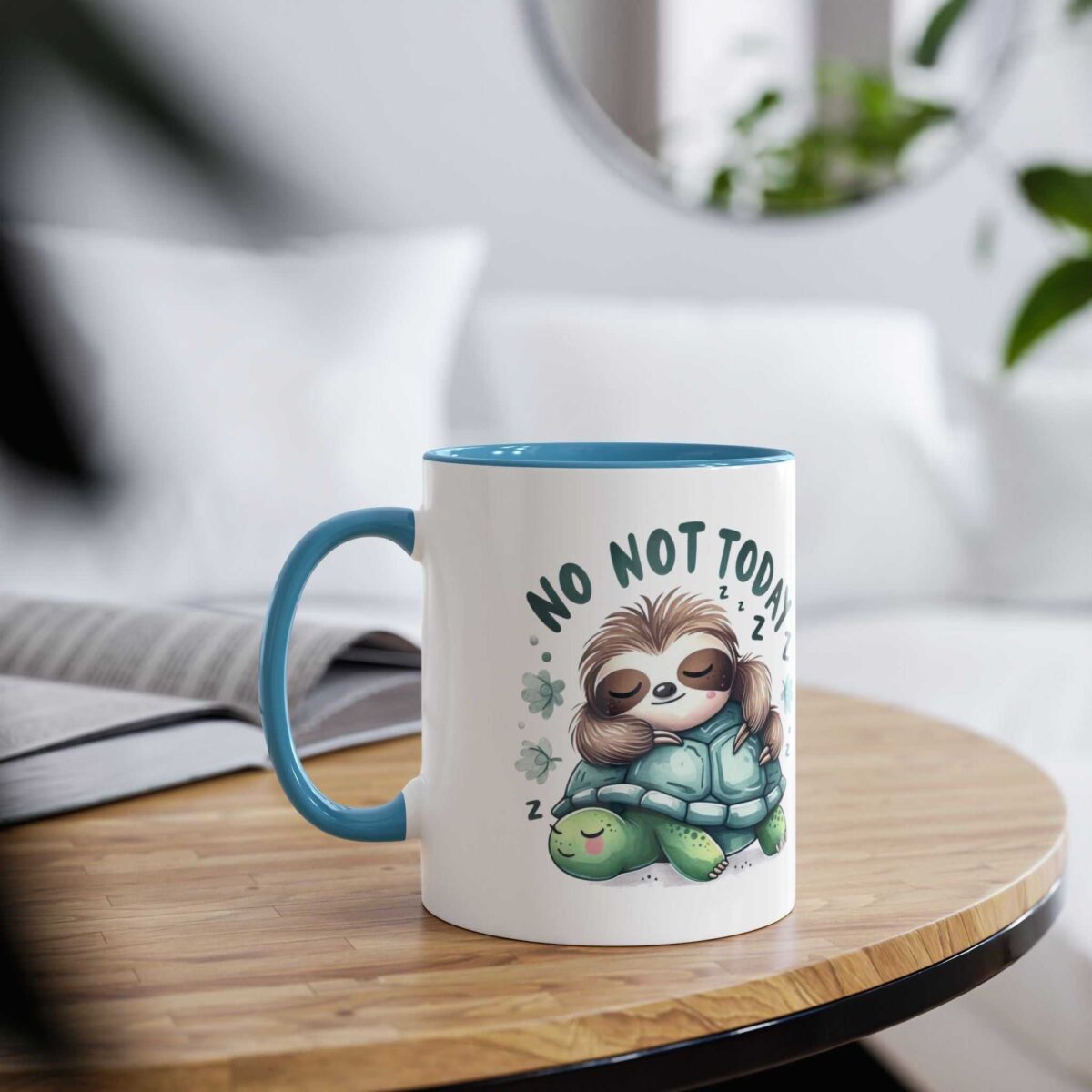 White ceramic mug with a blue rim and handle, featuring a cute sloth sleeping on a turtle with "NO NOT TODAY" text.