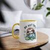 White ceramic mug with yellow handle and rim, featuring a sleeping sloth on a turtle with "NO NOT TODAY" text.