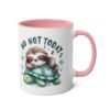 White ceramic mug with pink handle and interior, featuring a sleeping sloth on a turtle with "NO NOT TODAY" text.