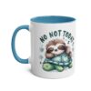 White ceramic mug with a blue interior and handle, featuring a cartoon sloth asleep on a turtle with "NO NOT TODAY" text.