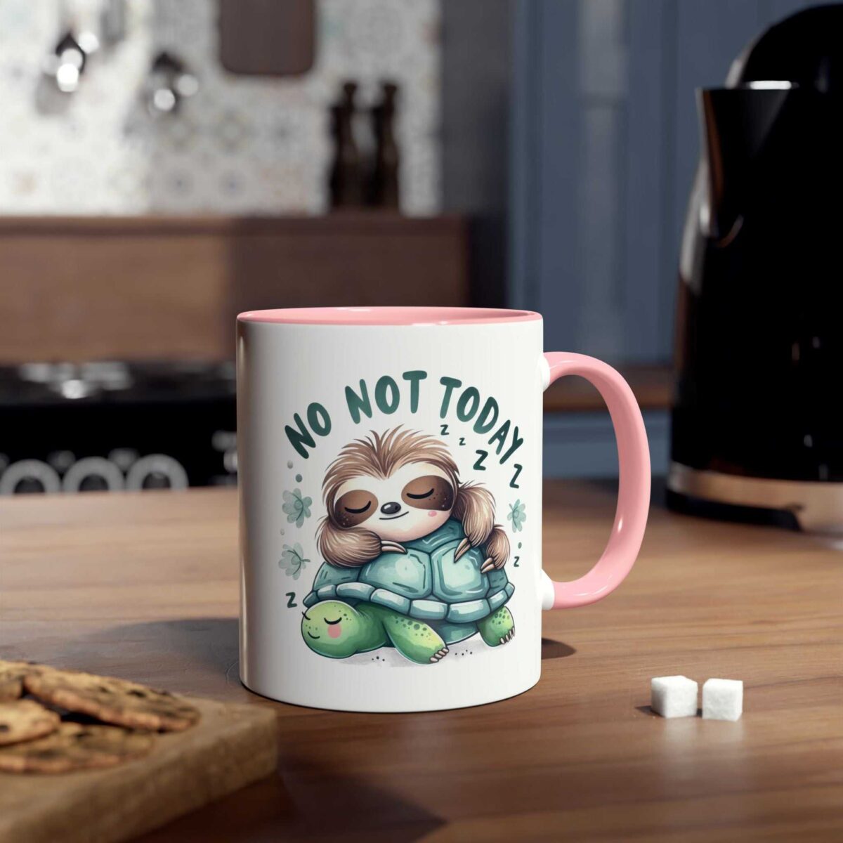 White mug with a pink handle, featuring a sleeping sloth on a turtle and the words "NO NOT TODAY" in green.