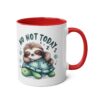 White ceramic mug with red interior and handle, featuring a cartoon sloth sleeping on a turtle with "NO NOT TODAY" text.