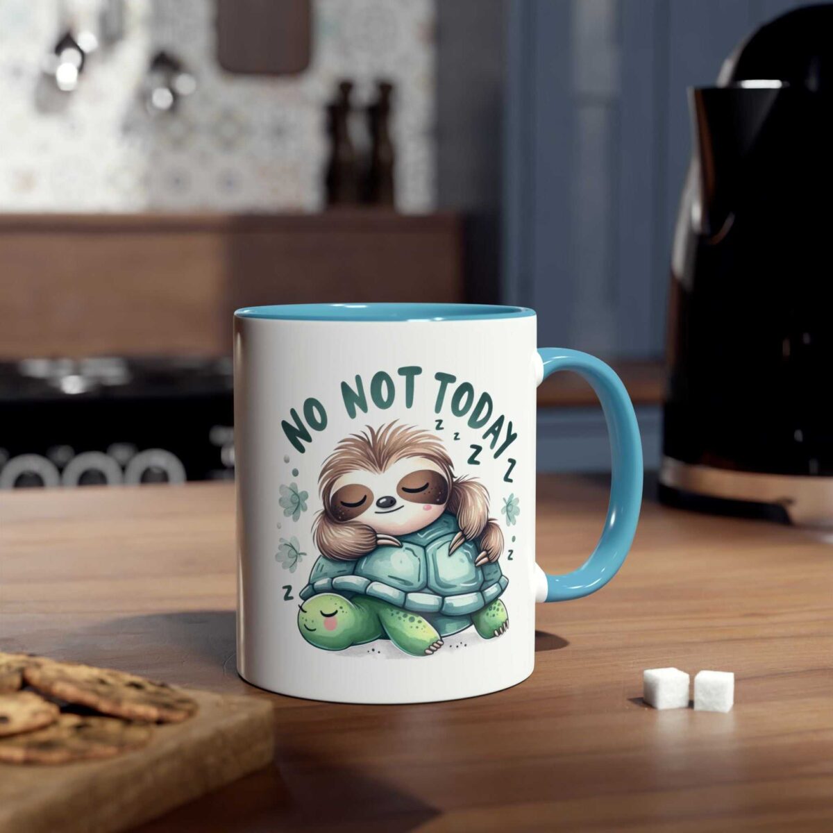 A white coffee mug with a blue rim and handle, featuring a cute illustration of a sloth sleeping on a turtle.