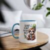 White ceramic mug with blue interior and handle, featuring a cartoon sloth holding a coffee cup and text.