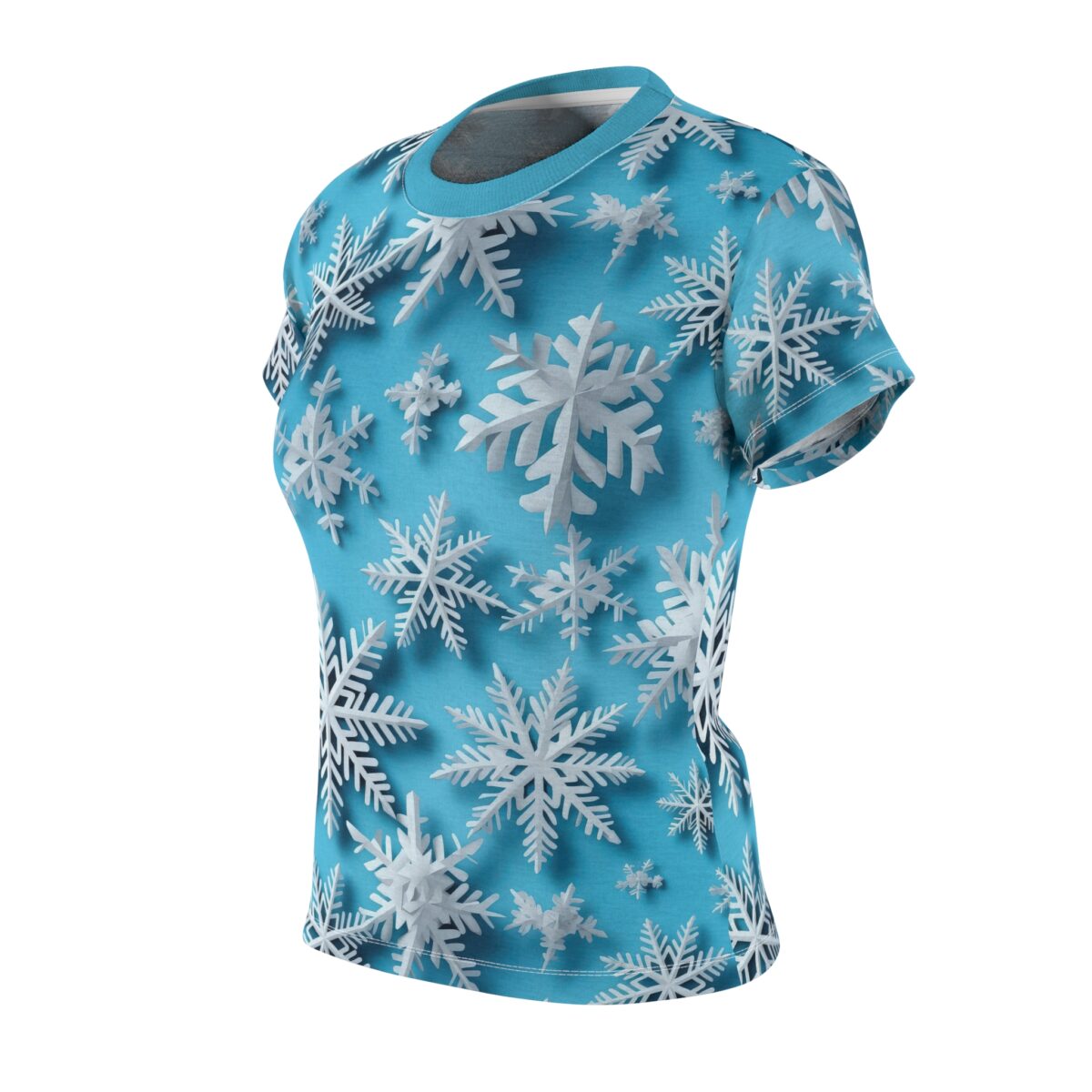 Blue sublimation tee featuring a seamless all-over print of white 3D snowflakes.