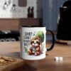 White ceramic mug with black handle, featuring a cute sloth drinking coffee and text that reads 'Sorry I Can't I'm Very Busy'.