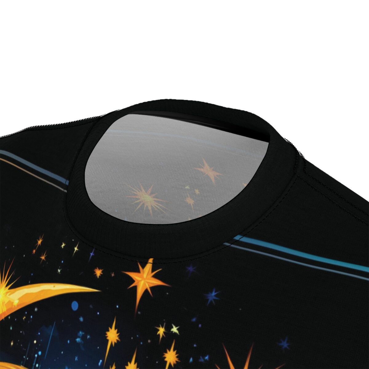 Yellow and orange starbursts, blue and yellow stars, and light blue and orange streaks cover this patterned tee shirt, depicting a cosmic night sky with a comet.