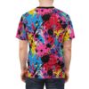 Bright pink, electric blue, bold yellow, and deep purple paint splatters cover this 3D graphic t-shirt, with black and white accents creating a dynamic abstract design.
