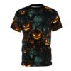 Glowing jack-o'-lanterns and autumn leaves cover this sublimation graphic tee, depicting a spooky forest scene with gnarled trees and dim lanterns.