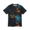 Spooky jack-o'-lanterns and eerie glowing eyes fill a dark, moonlit forest scene with bare, gnarled trees and scattered autumn leaves.