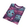 Light blue and pink cartoon zombie skulls with stitched mouths and large pink eyes cover this full print shirt, with pink leafy hair and a purple background.