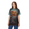 A woman wearing a t-shirt with a graphic of a monstrous hand holding a dripping double cheeseburger in a dark, eerie forest setting.