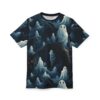 White and grey ghosts with black eyes float amongst dark, gnarled trees and fallen leaves on this tee.